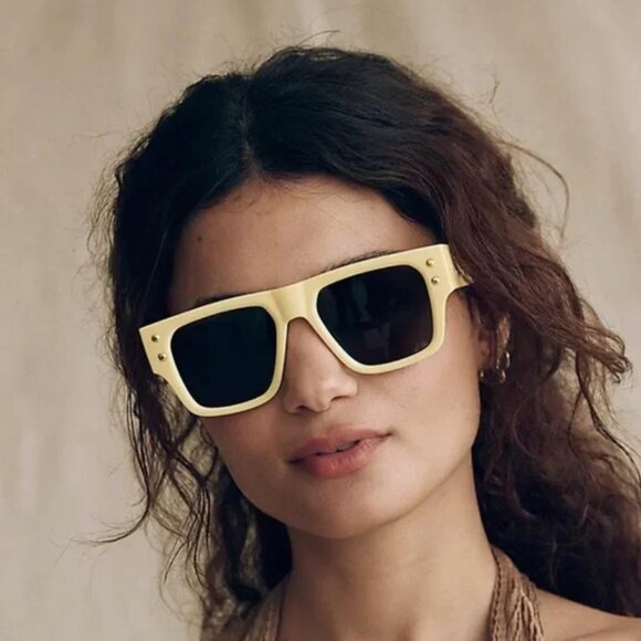 Free People NWT Brisbane Studded Rectangle Sunglasses Yellow Frame - Picture 1 of 13
